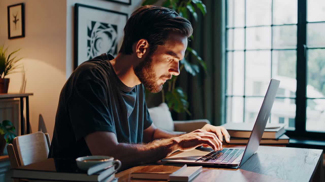 A man works on a laptop in a cozy room, captured from a side angle
