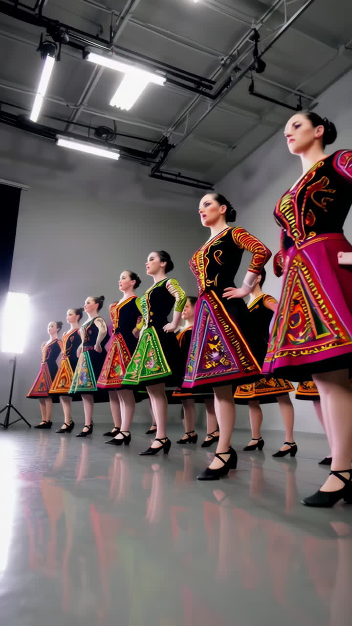 Group of Women Performing Folk Dance in Vibrant Traditional Costumes