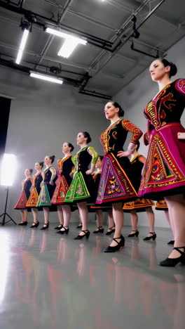 group of women performing folk dance in vibrant traditional costumes