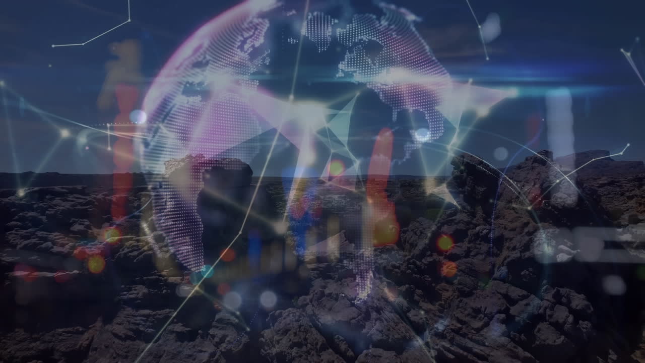 animación de la red de conexiones sobre el paisaje y el globo