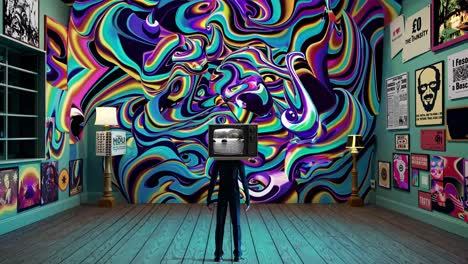 retro psychedelic room with tv head