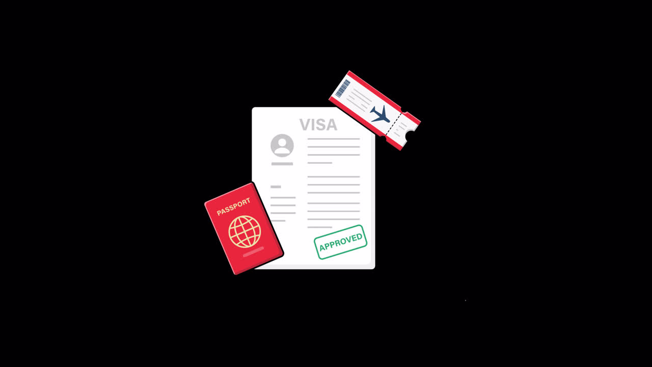 Animated Illustration of Visa Application Approval with Passport and Ticket
