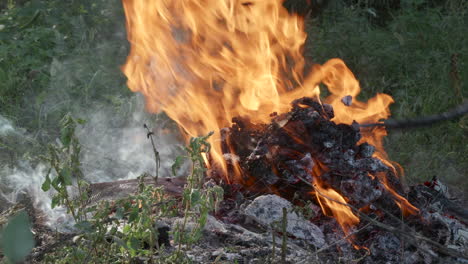 fire with smoke and pitchfork stirring embers.