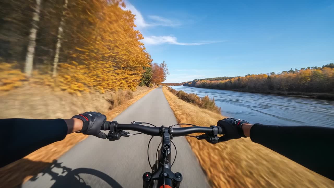 Cycliste démarrant sa course, mains gantées agrippant le guidon, longeant un sentier au bord de la rivière bordée de feuilles d’automne