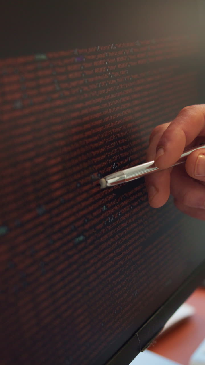 Developer's Hand with Stylus Pointing at Programming Code