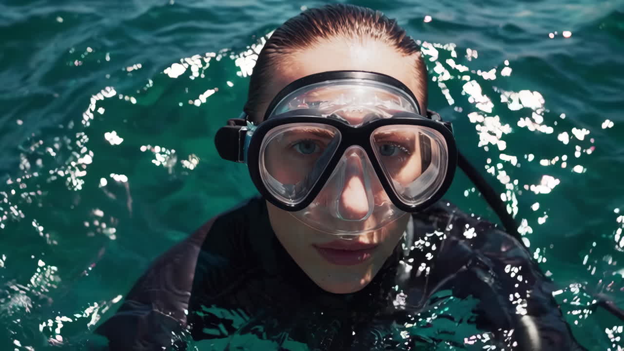 Person wearing a diving mask in the ocean