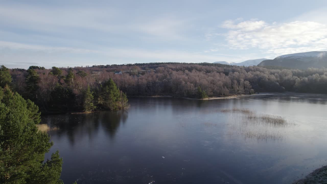 imágenes aéreas de drones que revelan árboles y bosques cubiertos de escarcha, montañas cubiertas de nieve y un lago congelado en un paisaje invernal en la finca rothiemurchus en el parque nacional de cairngorms, escocia