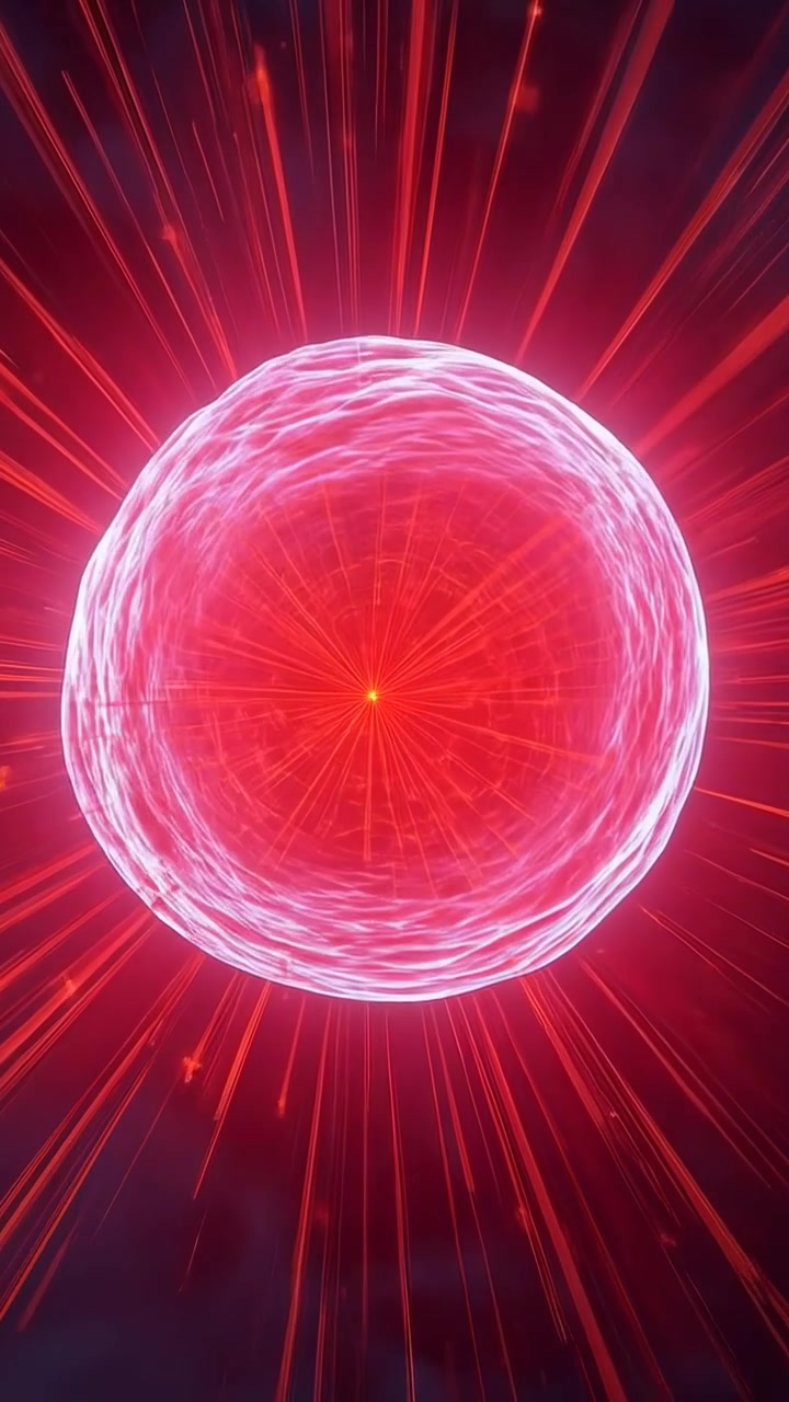 Vertical video: Pulsing core sparking sphere expanding in dark haze, revealing white rim, red beams