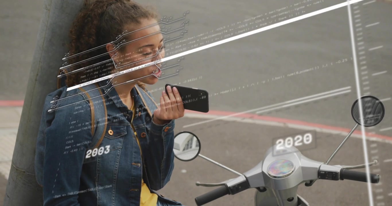 Donna che parla allo smartphone attiva una timeline animata che scorre, mostrando la crescita tecnologica.
