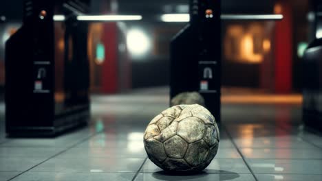 vieja pelota de fútbol en el metro vacío