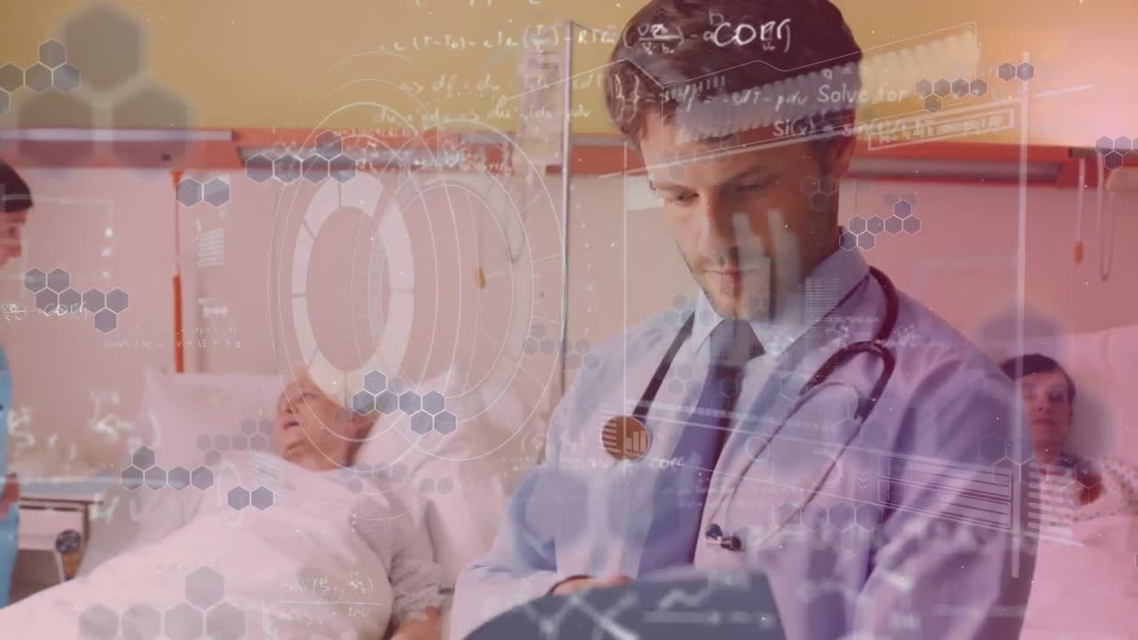 수학적 방정식과 화학적 구조를 남성 의사와 비교하여 병원에서 검사 보고서를 확인합니다.