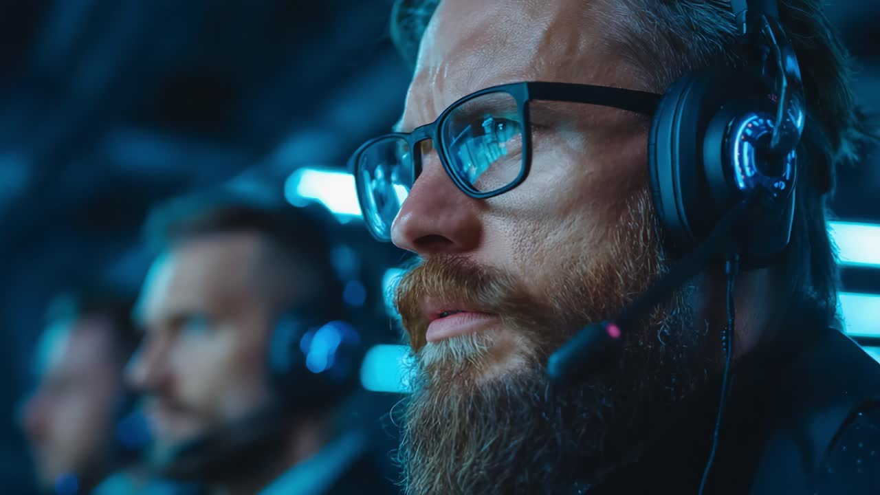 Intense Focus and Engagement in Competitive Gaming: A Close-Up of a Player's Reaction During an Exciting Match with Teammates in the Background