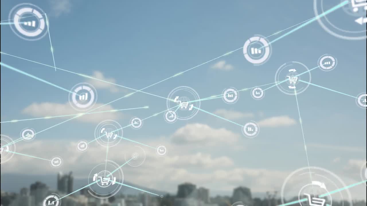 도시 풍경 위의 아이콘으로 연결된 네트워크의 애니메이션