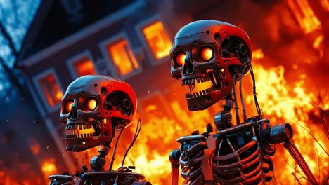 apocalyptic robot skeletons in flames