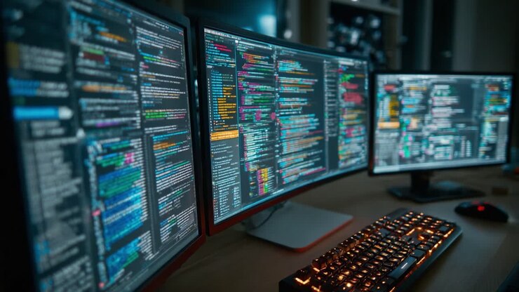 Et fængslende overblik over et programmeringssetup med flere skærme og farverige kodeskærme, der fremhæver kunstnerskabet og kompleksiteten inden for moderne softwareudvikling