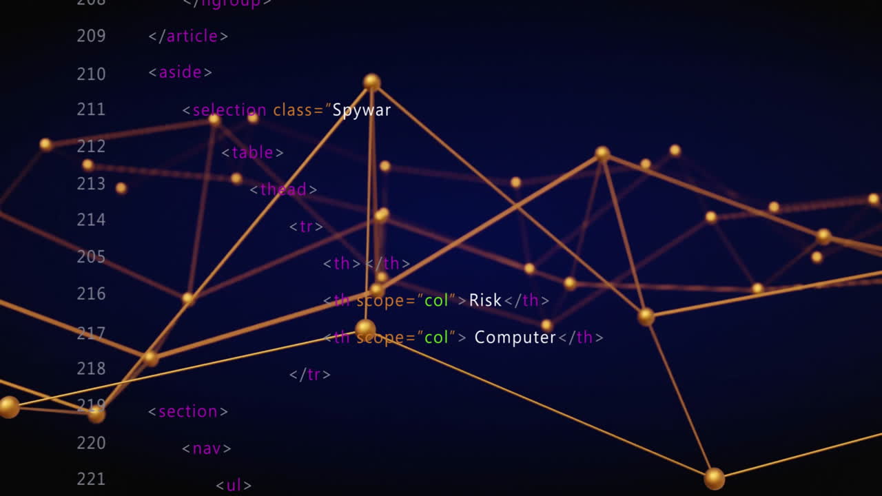HTML code and network connections animation over dark blue background