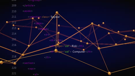 codice html e connessioni di rete animazione su sfondo blu scuro