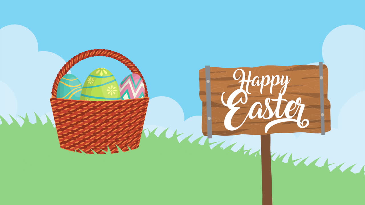happy easter animated card with eggs painted in basket