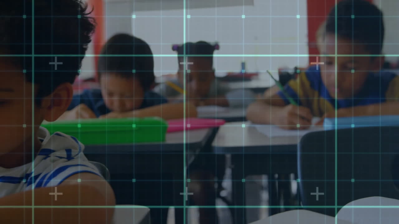 students writing in classroom for education, displaying animated paper charts and pencil icons