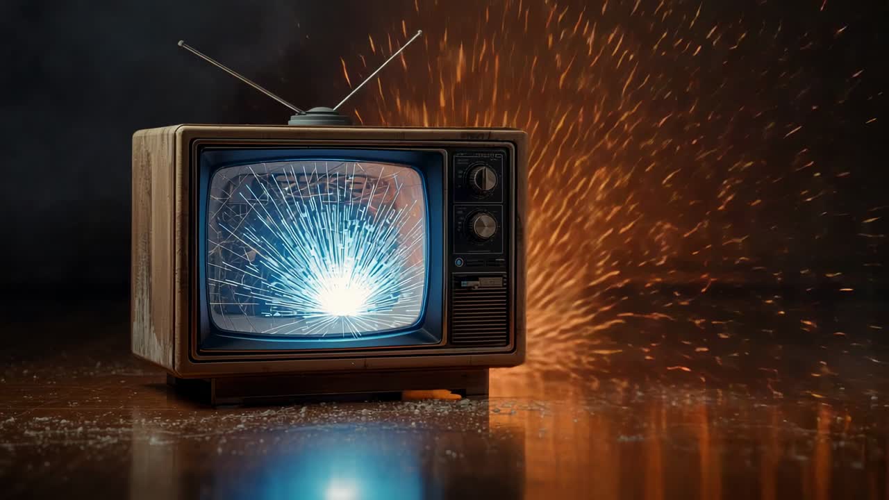 TV CRT vintage in eruzione che emette un'esplosione blu, con crepe sullo schermo che si espandono e scintille che schizzano sul pavimento.
