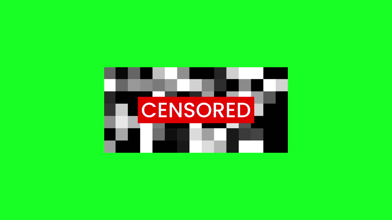 Censureret pixeliseret indhold med rød tekst på grøn skærm