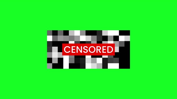 Censored Pixelated Content with Red Text on Green Screen