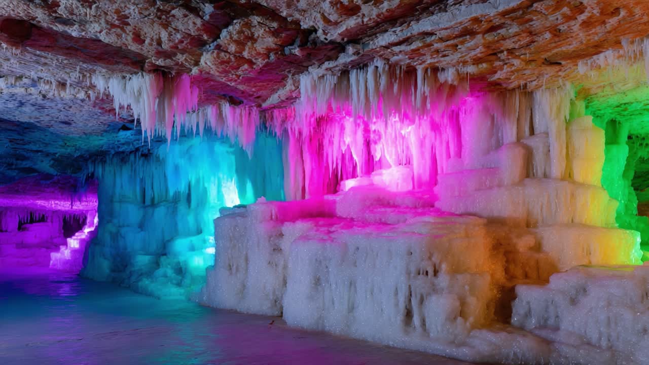 Enchanting Ice Cave Featuring Multicolored Illumination Reflecting Off Stunning Ice Formations and Intricate Stalactites in a Beautiful Natural Setting