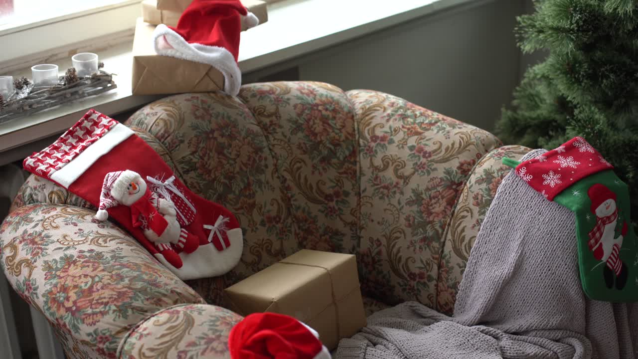 Beautiful christmas background. Christmas tree and Christmas socks. christmas preparation