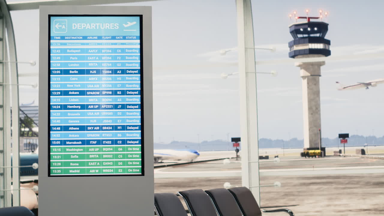 Tabellone delle partenze dell'aeroporto con voli e torre di controllo sullo sfondo