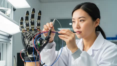 engineer in laboratory focusing on connecting wires to a robotic hand, illustrating advanced robotics technology and human-machine interaction in research environment