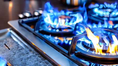 a close up of a gas stove with blue flames