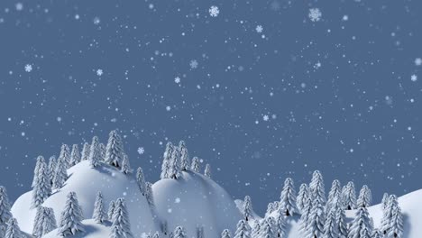 animation of white christmas snowflakes falling over blue sky and trees in winter landscape