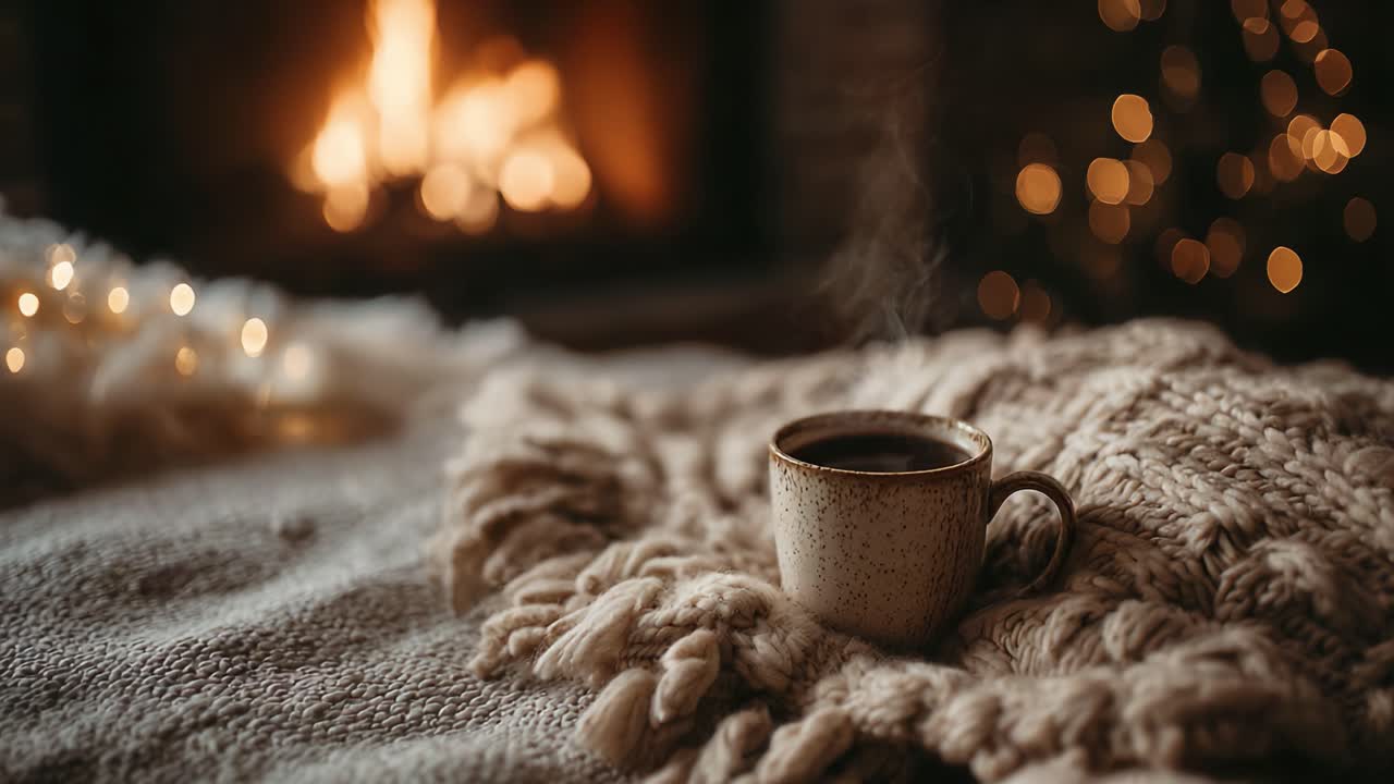 Cozy Atmosphere Featuring a Warm Beverage by the Fireplace, Surrounded by Soft Textiles and Gentle Glow of Christmas Lights Creating a Magical Winter Vibe
