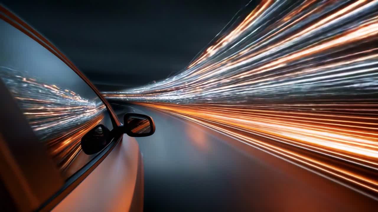 Dynamic Movement and Velocity Captured in Nighttime Automotive Journey, Highlighting Light Trails and the Essence of Speed in a Stunning Visual Experience