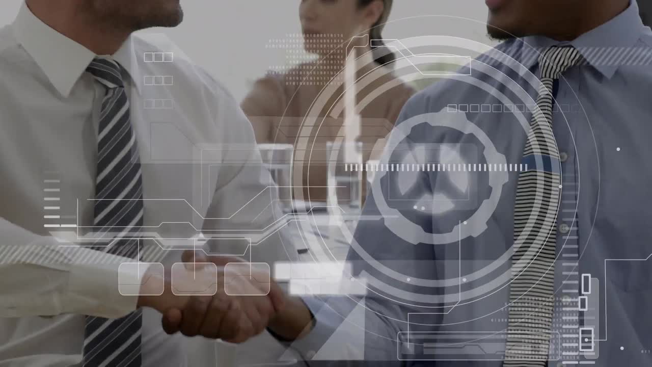 Animation of data processing over businessman handshake