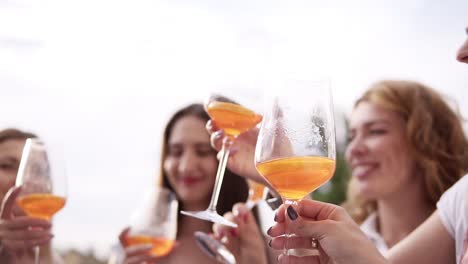 grupo de chicas bonitas están celebrando y bebiendo cócteles de grandes vasos. saludos. al aire libre. objetivo marco de gafas, fondo borroso. cámara lenta