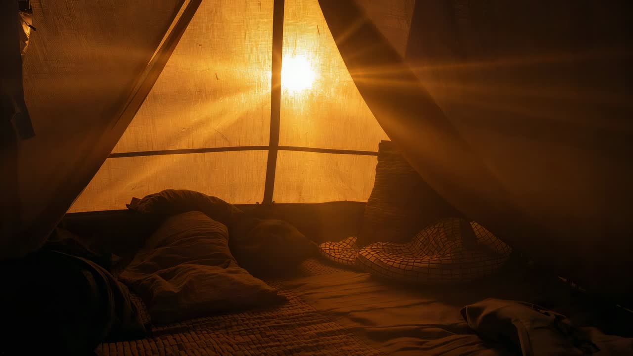 Casting sunrise rays via triangle tent window, sun warming tent, person reclining in bedding