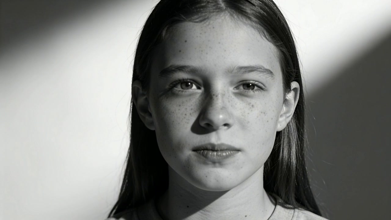 Reciting adolescent girl mouthing lines in light top at studio prompted by cue, diagonal shadow