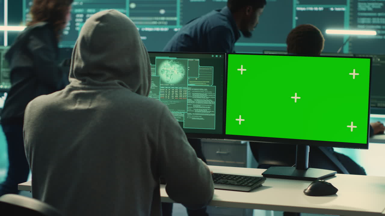 Governmental hackers working on computer with green screen