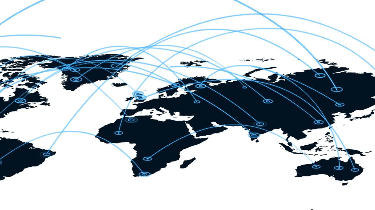 Moving world map with interconnected links, Global communication concept, Digital technology, travel background, 4k Video.