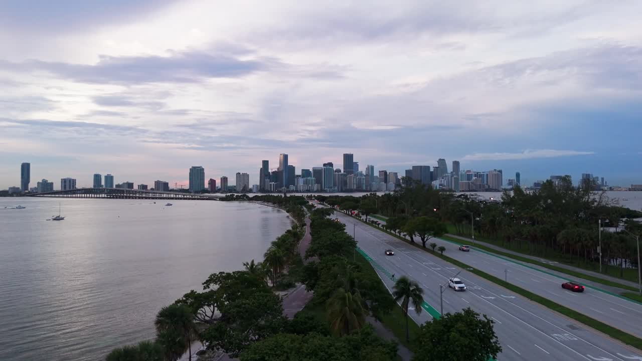Drone shot of Miami from Virginia Key at dusk