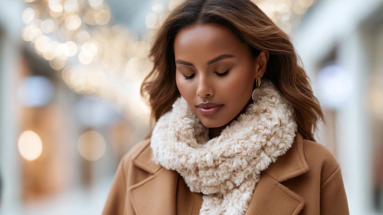 Um Momento Sereno de Contemplação: Uma Mulher Elegante Vestida com Moda de Inverno Aconchegante e um Cachecol Capturando a Essência da Elegância Sazonal