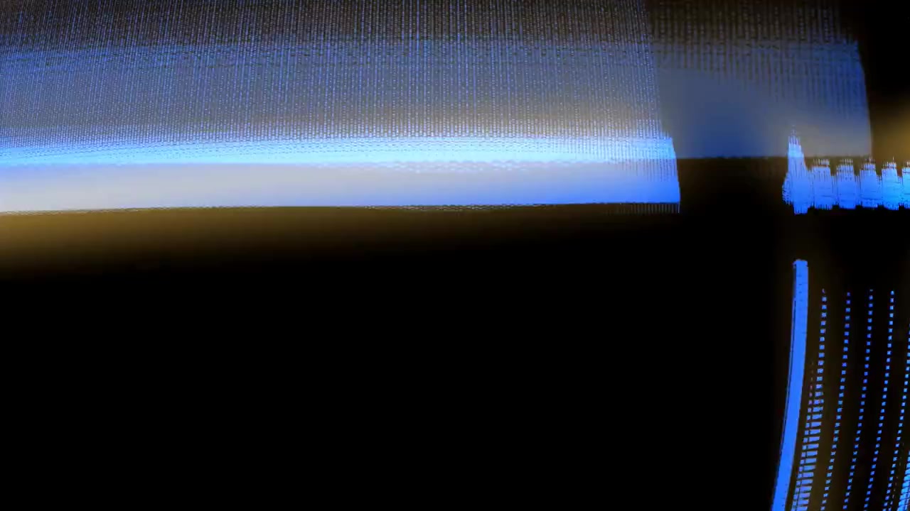 Digital glitch-effekt med blå lysstriber på sort baggrund