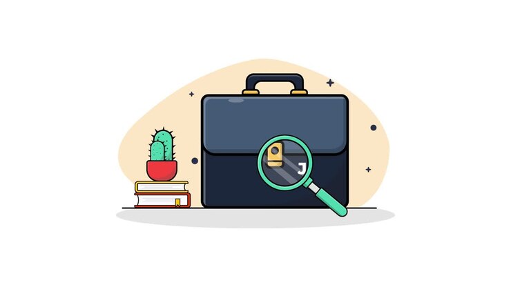 Concetto di ricerca di lavoro con valigetta, libri e lente d'ingrandimento