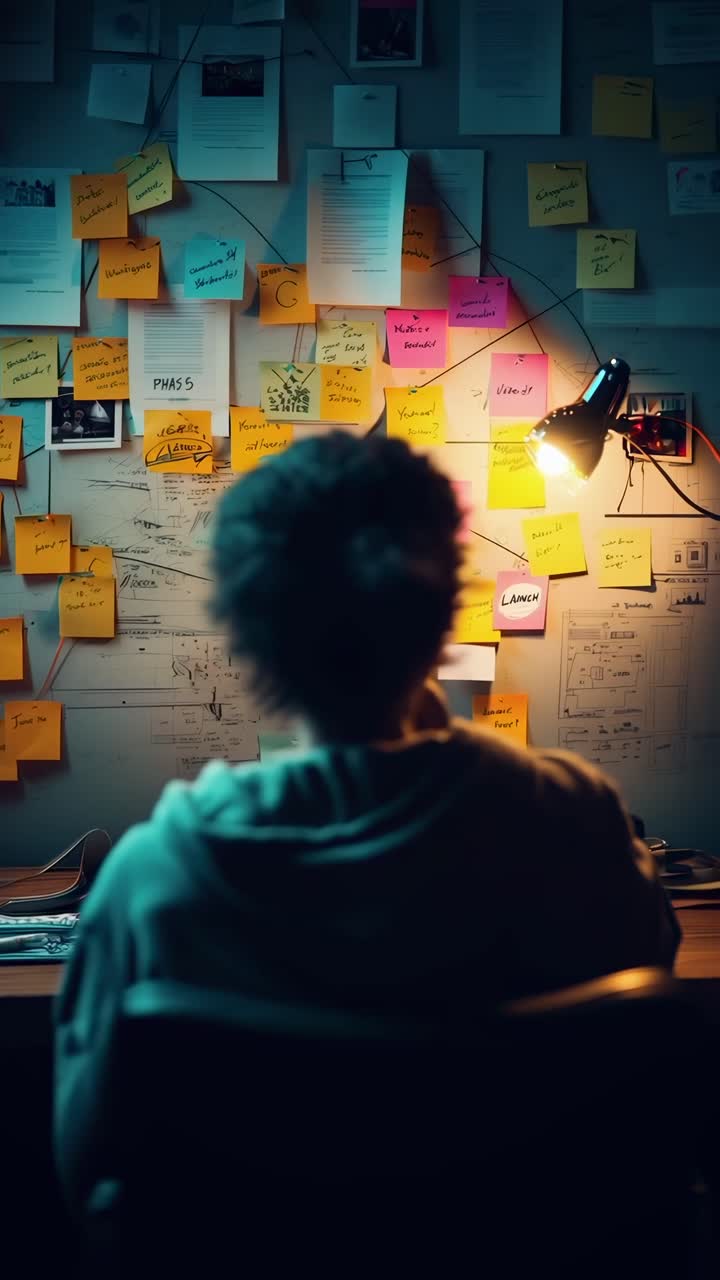 Persona che analizza informazioni complesse su una parete con post-it
