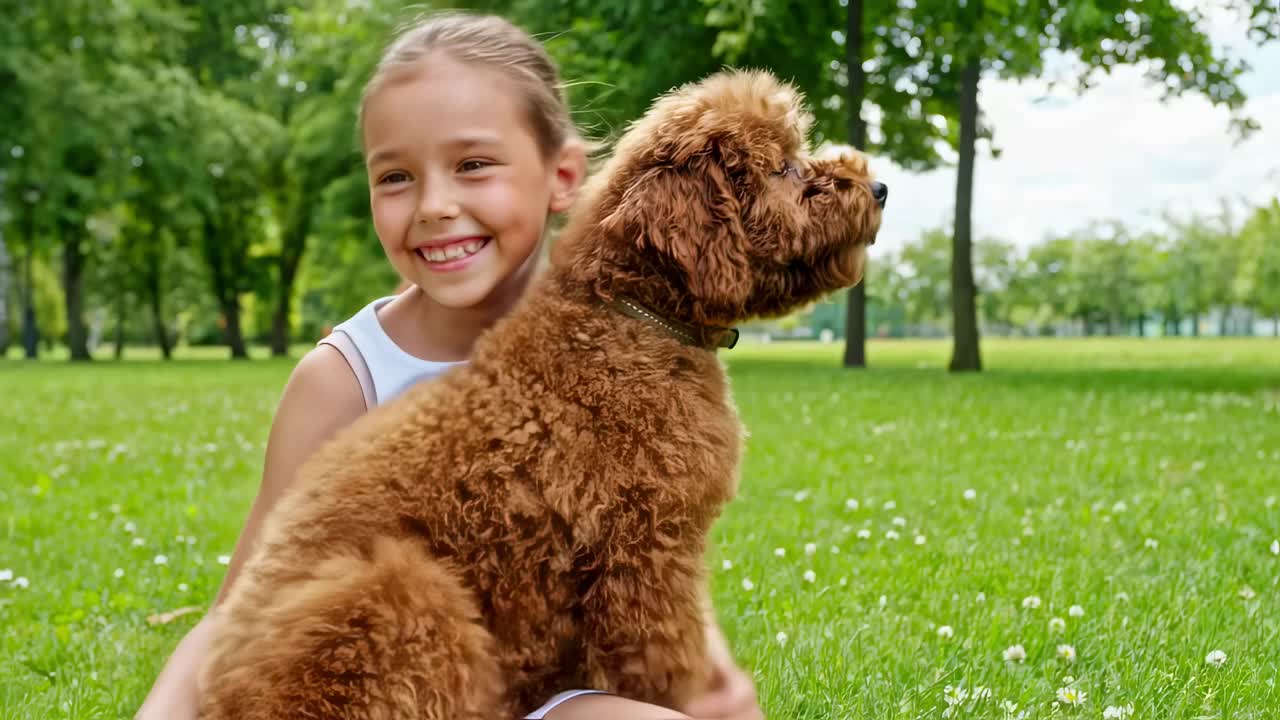 Joyful child hugging adorable poodle in sunny park, embodying pure companionship and heartwarming connection between young girl and furry friend