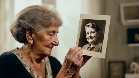 elderly woman reflects on her past while holding an old family photograph