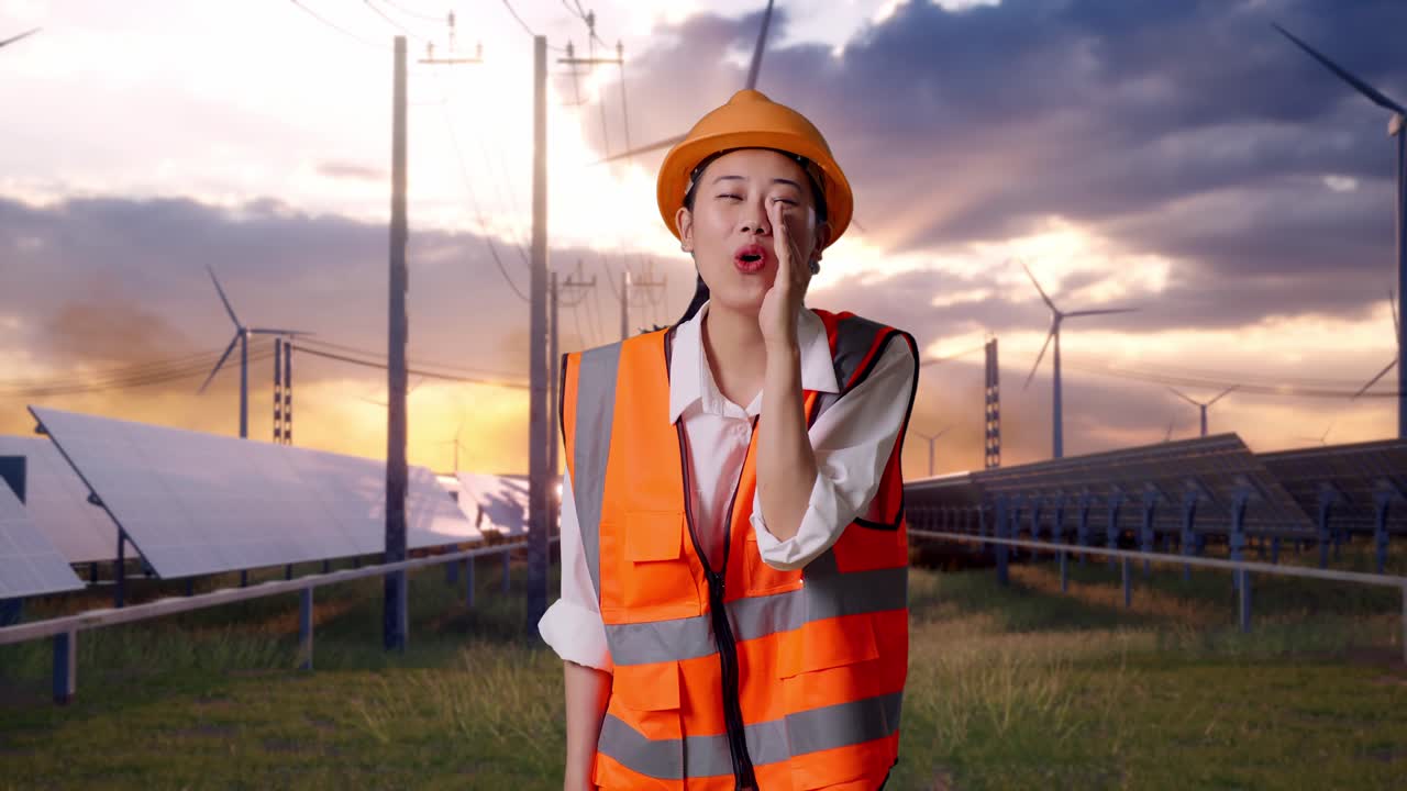 Asian Female Engineer With Safety Helmet Yelling With Hand Over Mouth With Solar Panel and Wind Turbines