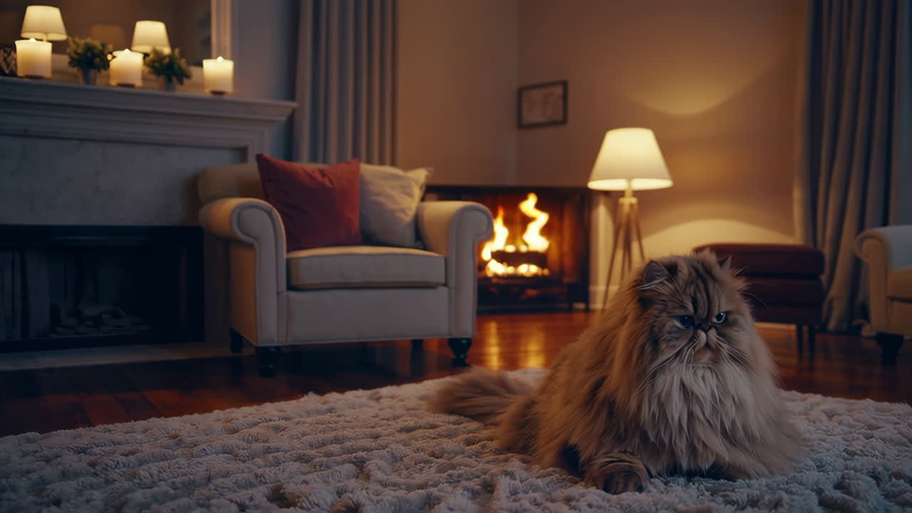 Cozy Persian Cat by the Fireplace