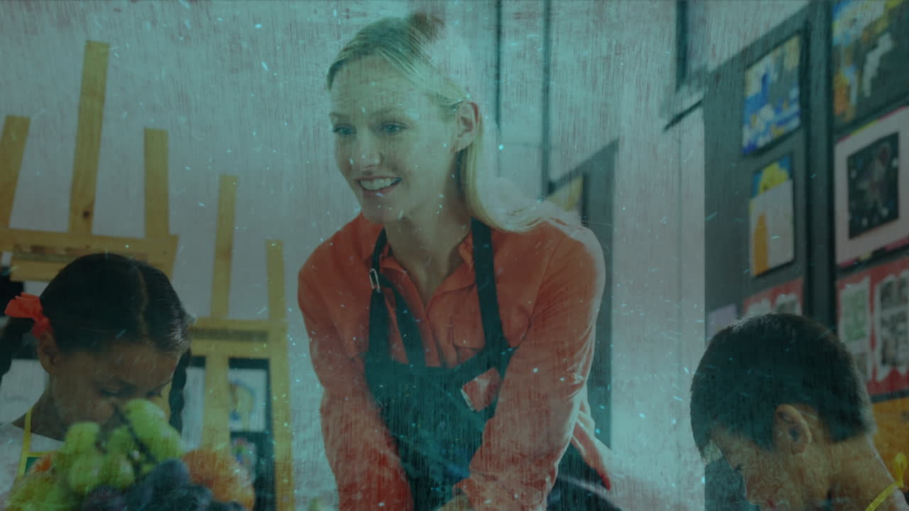 animación de luces cayendo sobre el maestro caucásico con alumnos diversos en la clase